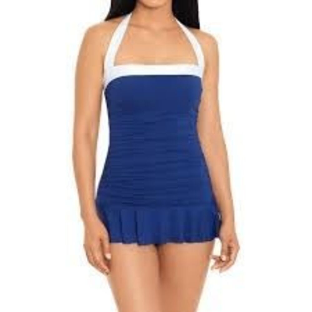 Lauren Ralph Lauren One Piece Swimsuit Dress Blue White Halter Nautical Preppy